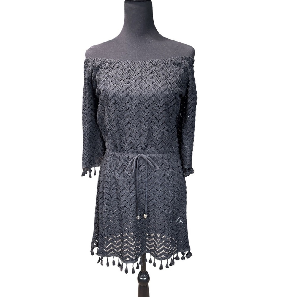 Spiaggia Dolce Black Off-Shoulder Open Knit Crochet Beach Coverup Dress, Medium